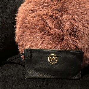Michael Kors Black Leather Clutch with Gold Logo
